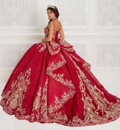 Embroidered lace ball gown with a scoop neckline, embroidered and beaded bodice, basque waist, and bow accent on the back. Detachable sleeve and short cape included Red Quinceanera Ideas, Vestido Charro, My Quinceanera, Quince Themes, Mexican Quinceanera, Red Quince