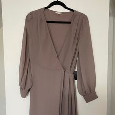 Stunning Long Sleeve Wrap Dress With Sleeve Detail Elegant Beige Long Sleeve Wrap Dress, Morning Lavender Dresses, Homecoming Dresses Knee Length, Prarie Dress, Purple V-neck Wrap Dress, Dresses Lilac, Jewel Neck Dress, Dress With Sleeve, Morning Lavender