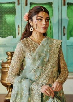 Enchanting Sea Green Pakistani Wedding Dress: Kameez Trouser Style Kanwal Malik, Green Dupatta, Pakistani Designer Clothes, Luxury Pret, Raw Silk Fabric, Wedding Types, Pakistani Wedding Dress, Lace Accessories, Wedding Sale