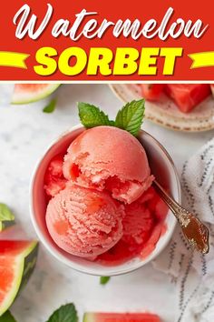 watermelon sorbet in a bowl with mint leaves