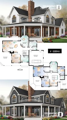 two story house plans with front and back porches on the first floor are shown