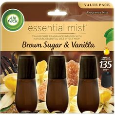 three bottles of brown sugar and vanilla essential mist with the label above them on a white background