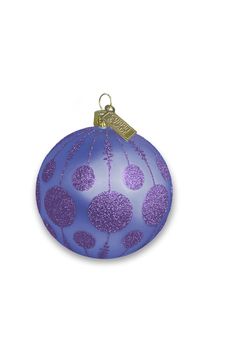 a blue ornament with purple polka dots and a gold tag hanging from it