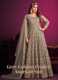 Grey Golden Festive Anarkali Suit Gown Designs Pakistani, Light Purple Colour Dress, Gown For Marriage, Purple Colour Dress, Latest Gown Designs, Long Anarkali, Designer Salwar Kameez, Gown Suit, Salwar Kamiz