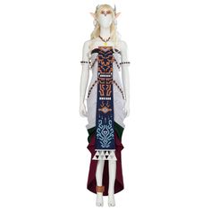 a white mannequin with blue and orange designs on it's chest, wearing a