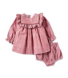 From Edgehill Collection, this dress features:Gingham printRound neckLong sleevesFlutter detailButton backMatching bloomersCottonMachine wash/tumble dryImported. Red Smocked Dress, Winter Outfits Babygirl, Baby Thrift Clothes, Southern Baby Clothes, European Baby Fashion, Baby Christmas Dress, Traditional Baby Clothes, Vintage Toddler Clothes, Gingham Outfit