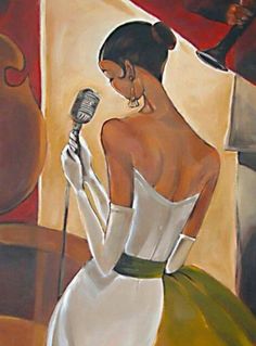 a painting of a woman in a white dress holding a microphone and looking at the mirror