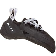 a pair of black and white climbing shoes