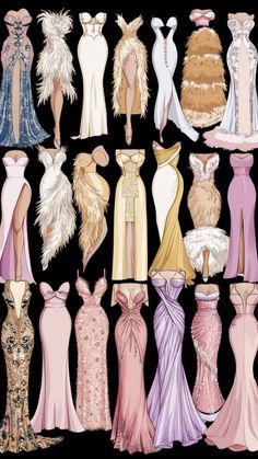 a bunch of dresses that are in different colors and sizes, all with feathers on them