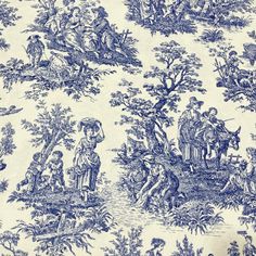 a blue and white toiler print fabric with people in the woods on it