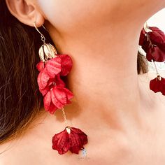 These elegant fabric flower long drop earrings feature beautiful fabric flower long drop dangle under a 24 k gold plate brass bell flower charm and gold plate brass ear wire. The chains and flower caps are also made from high quality 18k gold plated copper.These red and blue flower long drop earrings can fit any occasion such as wedding party, bridal party, Anniversary, Christmas, cocktail party and more. Add these elegant long drop flower earrings to your everyday fashion jewelry collection or as a gift for your loved one. Jewelry Care: See more information about how to care for your jewelry here. Shipping Policy: Orders will be shipped within 1-3 business days. Economy shipping will take 7-14 days to arrive and standard shipping is 1- 4 days for U.S. orders. International shipping time i Festive Red Flower Earrings, Red Handmade Flower Earrings, Red Drop Flower Earrings For Festive Occasions, Festive Red Flower Drop Earrings, Red Drop Earrings With Flower Charm, Red Dangle Flower Earrings, Elegant Red Flower Earrings For Festive Occasions, Christmas Cocktail, Brass Bell