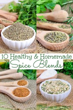 various spices and herbs in wooden spoons with text overlay reading 10 seasoning blends to spice up your pantry