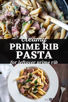 pasta with meat and parmesan in a white bowl on top of a wooden table