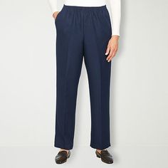 Alfred Dunner is known for their modern tailoring and style, and this pair of women's pants stay true to the brand's heritage. Made from a soft woven fabric in a relaxed-fit with straight legs, they have a comfortable elastic-waistband, a pleated front, and side pockets. Wear with a button-down or t-shirt and flat shoes.Front Style: Pleated FrontClosure Type: Elastic, Full ElasticFit: Relaxed FitPockets: 2 Side Slip PocketsRise: Mid RiseFiber Content: 100% PolyesterFabric Description: WovenInsea Non-stretch Straight Leg Dress Pants With Elastic Waistband, Classic Full Length Non-stretch Pants, Classic Pull-on Tapered Leg Dress Pants, Classic Pull-on Style Dress Pants For Work, Classic Pull-on Dress Pants For Work, Classic Non-stretch High-waisted Pants, Classic Non-stretch Cotton Bottoms, Tailored Pull-on Style Workwear Bottoms, Tailored Pull-on Style Bottoms For Work