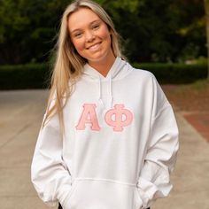 Custom Stitched Alpha Phi Sorority Greek Letter Hoodie Sweatshirt Spring Campus Cotton Sweatshirt, Spring Cotton Sweatshirt With School Spirit, Spring School Spirit Cotton Sweatshirt, Spring Collegiate Sweatshirt With Letter Print, School Varsity Hooded Sweatshirt, White Hoodie For College In Fall, Varsity Long Sleeve School Hoodie, Varsity Long Sleeve Hoodie For School, Fall Varsity Hoodie For School