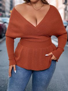 Redwood Casual Collar Long Sleeve Knitwear Plain Pullovers Embellished Medium Stretch  Women Plus Clothing Brown V-neck Sweater, Brown V-neck Knit Top For Winter, Orange V-neck Sweater For Fall, Brown V-neck Tops For Fall, Plus Size Sweaters, Fall Sweaters, Batwing Sleeve, Maternity Bag, Elegant Woman