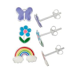 Add a fun touch to her favorite outfits with this Charming Girl enamel butterfly, flower and rainbow stud earring set. SET DETAILSIncludes: 3 pairs of earringsButterfly size: 7 mm x 8 mmFlower size: 8 mm x 6 mmRainbow size: 7.5 mm x 11.5 mmBackings: postMetal: sterling silverPackaging: boxed Size: One Size. Gender: female. Age Group: kids. Playful Multicolor Flower Earrings As Gift, Playful Pink Flower Earrings, Cute Multicolor Flower Shaped Earrings, Flower Rainbow, Silver Packaging, Enamel Butterfly, Earrings Butterfly, Post Metal, Butterfly Flower