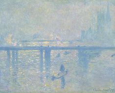 a painting with blue water and yellow sky in the background, it appears to be foggy