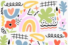 an abstract pattern with flowers, leaves and rainbows on a white background stock photo