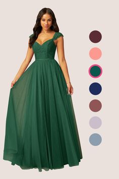 a woman in a long green dress with different colors and shapes to choose from, including the