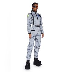 Will Have Ya Zoomin' Thru The Exxtra Dimensional Dope Girl Space. Get Suited Up For Baddie Explorations In This Reflective Long Sleeve Space Jumpsuit That Has Pockets On The Front N' Back And An Elastic Waistband. Materials 100% Polyester Care Hand Wash Cold, Hang Dry Styling Helmet Not Included Space Jumpsuit, Black Cutout Jumpsuit, Catrina Costume, Astronaut Costume, Halloween Costume Suit, Suit Costume, Stretch Jumpsuit, Space Fashion, Backless Romper