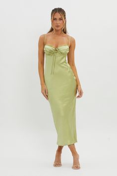 Fortune Lace Trim Bust Tie Midi Dress Lime by Selfie Leslie Green Dress Aesthetic, Perspex Heels, Green Slip Dress, Midi Dress Style, Split Maxi Dress, Dress Aesthetic, Iron Material, Satin Midi Dress, Pink Midi Dress