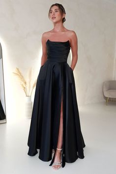 Black Long Formal Dresses Elegant, Black Dress Elegant Long Gowns, A Line Dress For Wedding Guest, Black Tie Maid Of Honor Dress, Black Wedding Dress Satin, Wedding Black Tie Dress Guest, Black Debs Dresses, Dark Bridesmaids Dresses, Black Tie Women Outfits