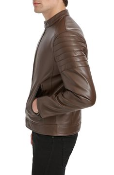 Ride off into the sunset in this sleek moto jacket expertly crafted from faux leather. 26 1/2" length Front zip closure Band collar Front zip pockets Lined 100% rayon with 100% polyurethane coating Spot clean Imported Fall Leather Biker Jacket With Ykk Zipper, Leather Jacket With Zipper Pocket And Long Sleeves, Leather Jacket With Zipper Closure For Fall, Leather Jacket With Zipper For Fall, Leather Jacket With Asymmetrical Zip And Zipper Closure, Fall Leather Biker Jacket With Zip Fly, Leather Biker Jacket With Zip Closure For Fall, Leather Outerwear With Zipper Pocket For Fall, Moto Leather Jacket With Zipper Closure For Work