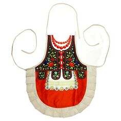 an apron with red and white trimmings on the front, decorated with beads