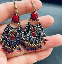 Red Bohemian Earrings With Beaded Tassels Antique Teardrop - Etsy Traditional Red Jewelry With Tassels, Red Tassel Earrings For Festivals, Red Tassel Earrings For Gift, Red Beaded Tassel Earrings, Red Tassel Beaded Earrings, Red Tassel Earrings With Latkans As Gift, Red Tassel Earrings With Latkans For Gifts, Red Latkans Tassel Earrings For Gifts, Teardrop Tassel Jewelry