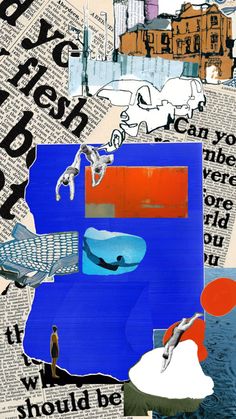 the collage is made up of many different types of images and text, including an image of a man on a surfboard