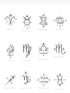 zodiac symbols and their meanings are shown in black ink on a white background, including the letter