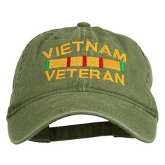 Vietnam Embroidered Brass CapMade of 100% cotton.One size fits most with an adjustable buckle strap closure, fitting up to 7 1/2.Same material inner hatband.Adult/Unisex.Crown measures 3 1/2 inches deep.Bill measures 3 1/4 inches long.Hand wash only.Brand of cap may vary with different manufacturer.Imported. Wording of Vietnam Veteran is embroidered on the front crown of cap.6 small ventilation holes placed on each panel of crown.Bill is stiff and precurved.Front crown is unconstructed.6 panels. Military-style Cotton Snapback Hat, Military Cotton Snapback Hat, Military Style Cotton Snapback Hat, Military Style Snapback Baseball Cap In Cotton, Green Military Cotton Hat, Green Cotton Military Hat, Adjustable Curved Bill Pre-washed Hat, Military Style Khaki Cotton Baseball Cap, Khaki Cotton Military Baseball Cap