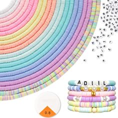 a bunch of bracelets that are next to each other with numbers on them and beads in the middle