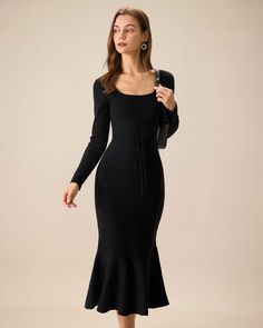 Women's Black Square Neck Mermaid Sweater Maxi Dress & Reviews - Black - Dresses | RIHOAS Fitted Mermaid Hem Dresses For Fall, Customize Character, Retro Inspiration, Mermaid Fabric, Sweater Maxi Dress, Long Sleeve Knit Dress, Beige Dresses, Winter Dress, Mermaid Silhouette