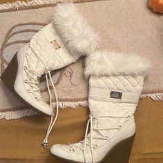 Guess Boots - Ivory Fabric - Practically Brand New Cream Synthetic Boots For Winter, Cream Synthetic Winter Boots, Winter Cream Synthetic Boots, White Wedge Heel Boots For Spring, Casual White Wedge Heel Boots, Cream High Heel Winter Boots, White Synthetic Boots For Winter, White Synthetic Winter Boots, Chic Cream High-top Boots