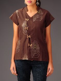 Buy Brown Ikat Chinese Shirt Cotton Online at Jaypore.com Salvar Kurti Indian Fashion, Salvar Kurti, Short Kurti Designs, Chinese Shirt, Kurta Patterns, Stylish Tops For Women, Designer Kurti Patterns, Crop Top Designs, Kurti Designs Latest