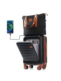 Front Opening 20-Inch Carry-On Luggage With Expandable Travel Bag Set, ABS Hard Shell Two-Piece Suitcase Set With USB Port , Cup Holder Black    ABS     Luggage & Travel Gear, size features are:Bust: ,Length: ,Sleeve Length: Multifunctional Portable Rectangular Luggage, Multifunctional Rectangular Portable Luggage, Portable Rectangular Luggage For On-the-go, Rectangular Portable Luggage For Travel, Functional Brown Luggage With Sleeve, Brown Functional Luggage With Sleeve, Rectangular Packable Luggage For Daily Use, Packable Rectangular Luggage For Daily Use, Packable Rectangular Travel Bag For Overnight Trips