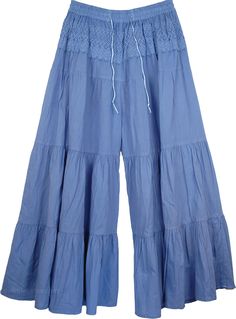 Light Blue Elephant Leg Hollywood Pant - A split skirt pant, in lighter charming blue - a perfect wide leg pants for summer season. Comfort and freedom are yours in this beautiful lace trimmed skirt - Made of cotton these skirt-pants are airy and comfortable with elastic and drawstring. #tlb #SplitSkirtsPants Lace Trim Full Length Bottoms, Light Blue Long Skirt For Spring, Vacation Flowy Skirt With Lace Trim, Flowy Skirt With Lace Trim For Vacation, Full Length Cotton Summer Skirt, Summer Maxi Skirt With Lace Trim, Casual Summer Maxi Skirt With Lace Trim, Full Length Cotton Skirt For Summer, Summer Full Length Cotton Skirt