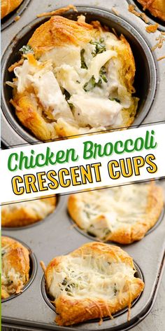 chicken broccoli crescent cups in a muffin tin with the title above it