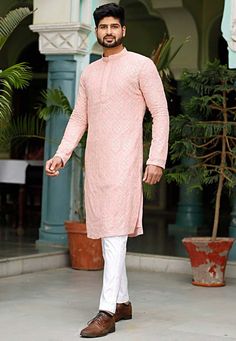 Pastel Pink Kurta For Men, Peach Kurta With Zari Work And Long Sleeves, Peach Kurta With Zari Work, Long Sleeve Peach Kurta With Zari Work, Peach Long Sleeve Kurta With Zari Work, Peach Long Sleeve Kurta For Eid, Pink Kurta For Men, Lucknowi Kurta, Georgette Kurta