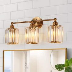 a bathroom vanity with three lights and a mirror on the wall next to a plant