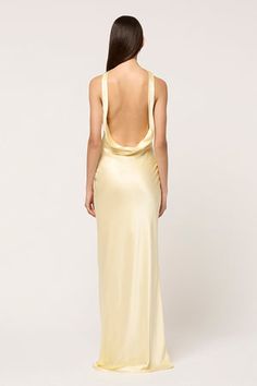 DRAPE FRONT MAXI DRESS - PALE YELLOW - MICHAEL LO SORDO Pre-draped Cowl Back Maxi Dress For Evening, Formal Spring Maxi Dress With Cowl Back, Formal Cowl Back Maxi Dress For Spring, Summer Wedding Maxi Dress With Cowl Back, Chic Cocktail Maxi Dress With Cowl Neck, Formal Pre-draped Maxi Dress With Cowl Back, Chic Cowl Neck Maxi Dress For Cocktail, Chic Maxi Dress With Cowl Neck For Cocktail, Sleek Silk Maxi Gown