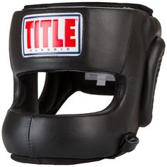 a black leather head guard with the title title on it