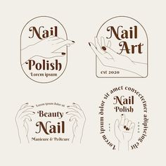 four logos for nail salons with hands holding nails and the words nail art on them