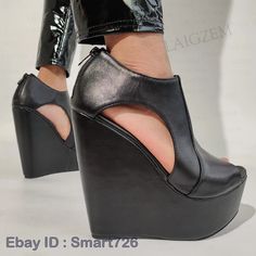 Women Platform Wedges Pumps Faux Leather Peep Toe Back Zip Up High Heels Ladies   Description: Color: Black Size:4-15 Materials : Synthetic     We are very honest seller from China,All the items are in stock and ship from China.we check each item carefully befor package it,we assure every buyer will be 100% happy with us,please enjoy your time for shopping from us! Shipping We ship items by China post registered airmail,the handing time is 1-2 working days.all the packages have a tracking number Goth Shoes, Pointy Toe Heels, Ladies Sandals, Faux Fur Boots, Fashion Unique, Wedge Pumps, Party Outfits, Shoes Woman, Leather Wedges