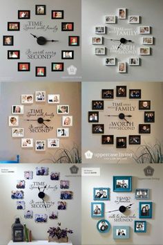 the wall clock is decorated with pictures and sayings for each family member in their home