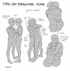 some people are hugging each other with the words tips on drawing hugs