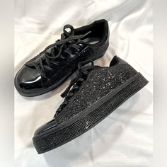 Nwot Uubaris Black Glitter & Patent Sneaker. Sole Around Shoe Has Black Rhinestones - There Is Still Some Glue On The Outside Of The Right Sneaker From The Rhinestones Application At The Factory (See Pic). Black & Silver Laces. Party Sneakers Lace-up Synthetic, Party Lace-up Synthetic Sneakers, Glamorous Embellished Lace-up Sneakers, Black Embellished Round Toe Sneakers, Glamorous Rhinestone Sneakers With Round Toe, Party Sneakers With Bling And Round Toe, Party Sneakers With Rhinestones And Round Toe, Party Glitter Sneakers With Synthetic Material, Party Sneakers With Rhinestones