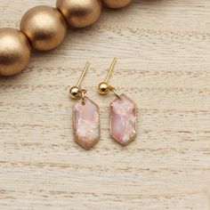 Rose Pink Marble Emerald Earrings Hypoallergenic Gold Polymer Clay Jewelry, Pink Dainty 14k Gold Filled Earrings, Adjustable Hypoallergenic Resin Earrings, Pink 14k Gold Filled Drop Earrings, Hypoallergenic Pink Gold Earrings Gift, Hypoallergenic 14k Gold Filled Cartilage Earrings For Gift, Minimalist Resin Earrings For Gift, Handmade Pink 14k Gold-filled Earrings, Handmade Pink 14k Gold Filled Earrings